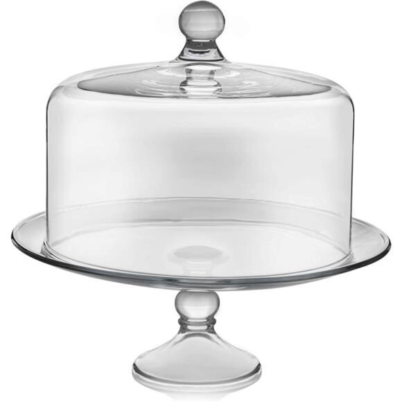 Glass Cake Stand with Dome Lid, Elegant Curved Footed Glass Cake Holder, Covered - Picture 6 of 8